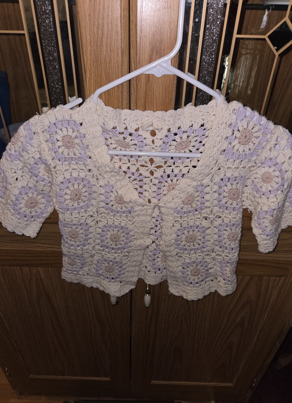 Handmade Crochet Granny Square Cardigan - Cream & Lilac Childs Size Med 7-8